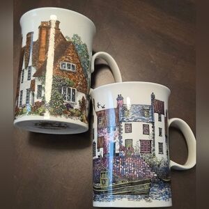 Vtg. Dunoon Ceramics Fine Bone China Mugs 'Cottages' By Sue Scullard Set of 2